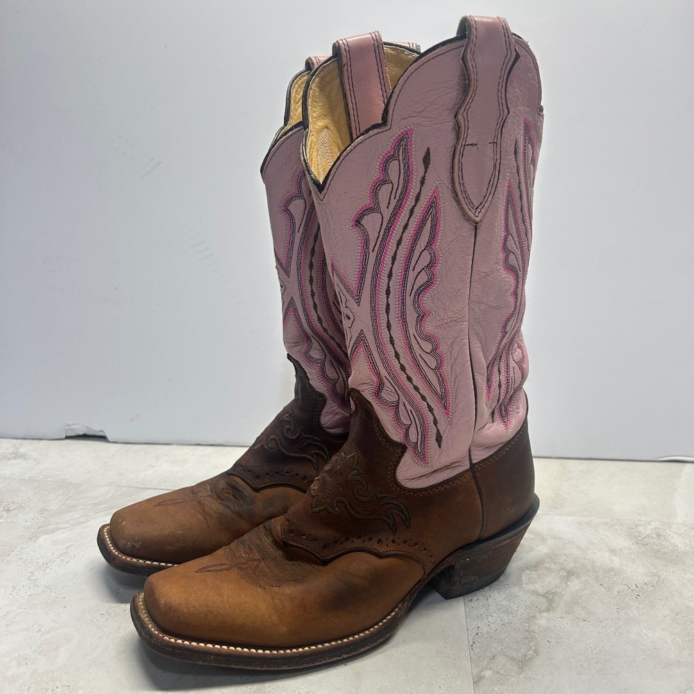 Justin Western Boots Pink Brown Leather Cowgirl Square Toe USA Made Women 7 B